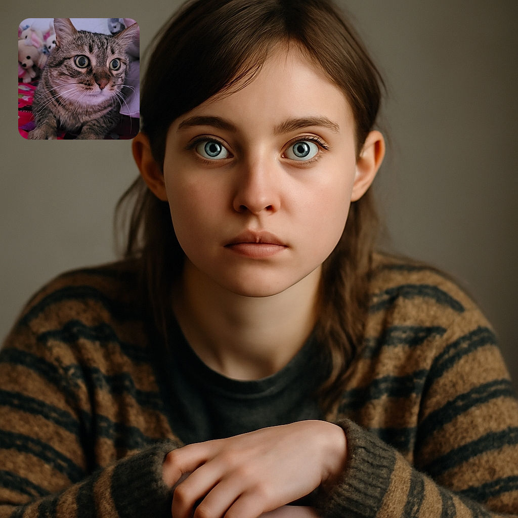 A close-up photo of a wide-eyed tabby cat with strikingly large pupils, resting its paws on a colorful surface. The background is softly blurred with plush toys, adding a cozy and playful atmosphere.