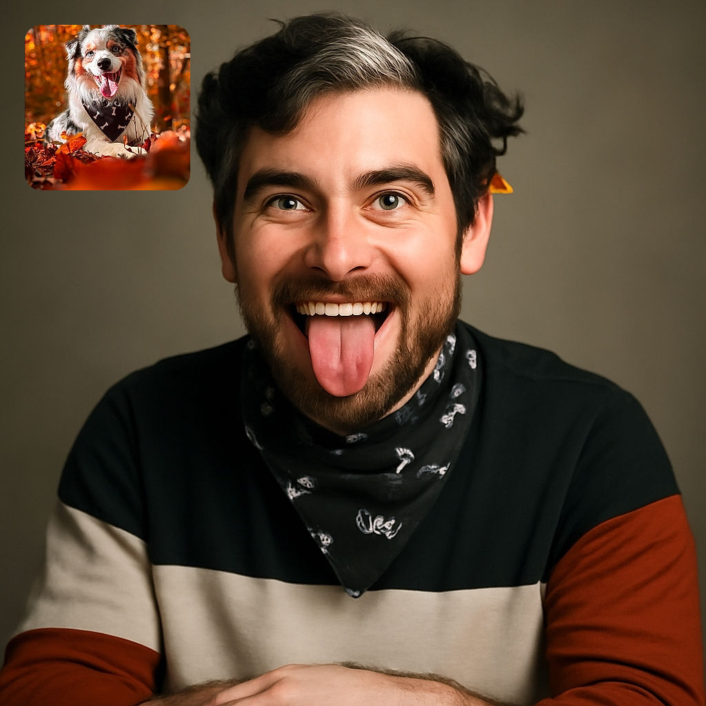 A happy Australian Shepherd dog with a black bandana decorated with white bones poses amidst a vibrant autumn landscape, tongue out and eyes sparkling, surrounded by colorful fallen leaves and a warm bokeh background.
