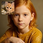 A close-up photo of an adorable orange tabby kitten with big, curious eyes, sitting on a mustard yellow floral patterned blanket. The kitten's ears are perked up, and it looks like it's ready for a cozy nap or some playful antics.