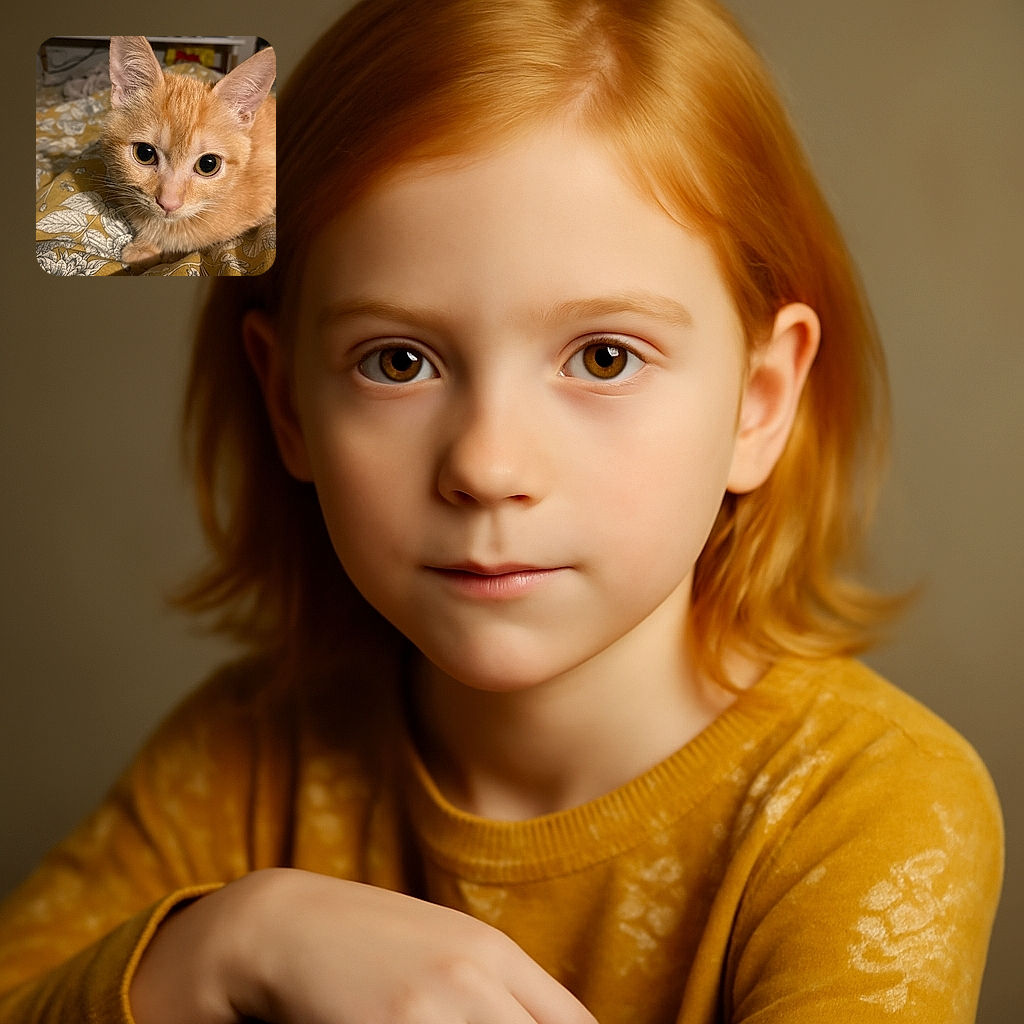 A close-up photo of an adorable orange tabby kitten with big, curious eyes, sitting on a mustard yellow floral patterned blanket. The kitten's ears are perked up, and it looks like it's ready for a cozy nap or some playful antics.