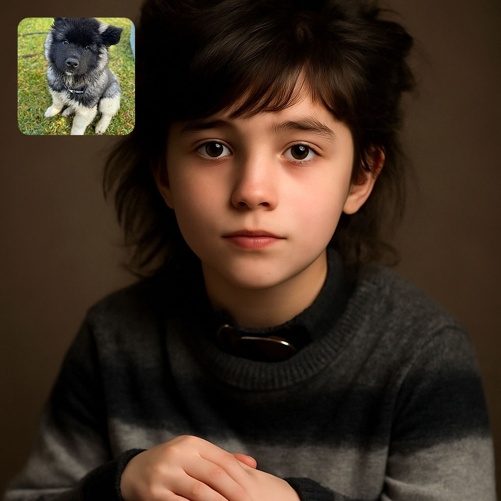 An adorable fluffy puppy with a mix of black and white fur sits on green grass looking up with big, soulful eyes and a curious expression, one ear perked up and the other flopped down, capturing pure puppy charm in a soft natural light.