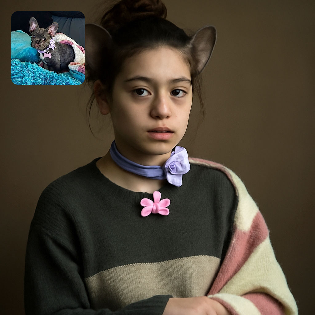 A cute French Bulldog puppy wrapped snugly in a cozy white and pink blanket, sitting on a vibrant blue fluffy surface with a matching pillow in the background. The pup wears a purple collar adorned with a flower and a bone-shaped tag, looking curiously at the camera with big ears perked up.