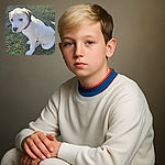 A charming white puppy with a spotty black ear and nose sits patiently on the grass, sporting a colorful blue and orange collar. The sunlight gently highlights its soft fur, making it look like the star of a sunny day outdoor photo shoot.