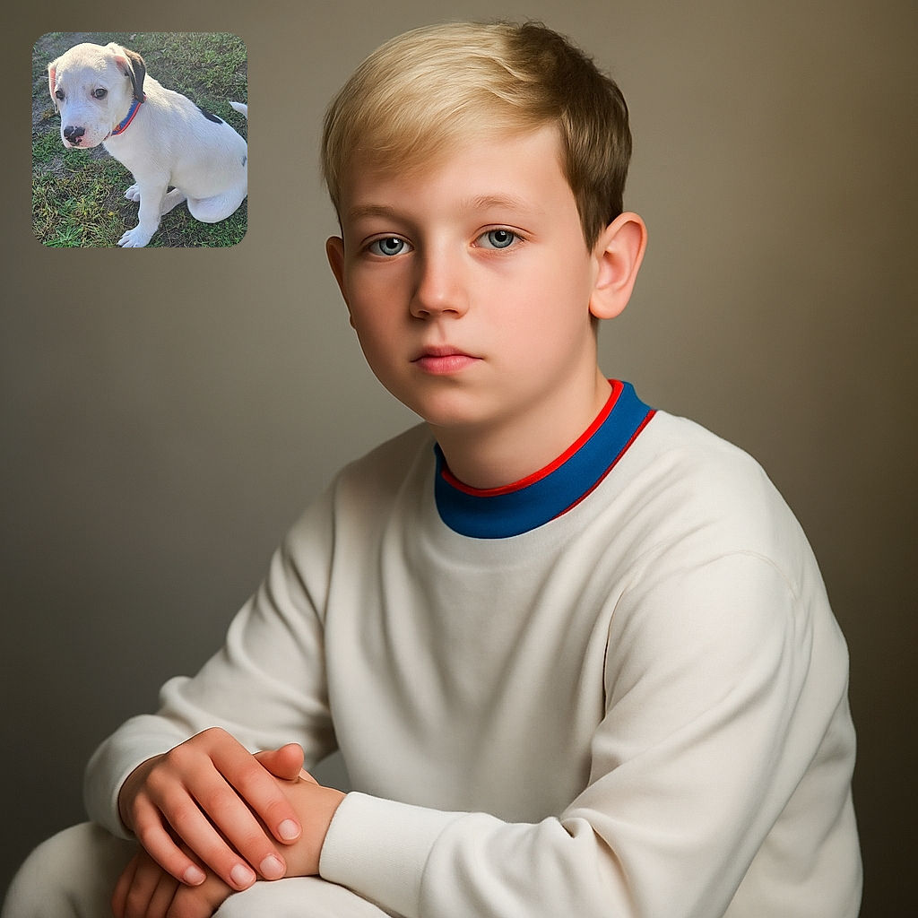 A charming white puppy with a spotty black ear and nose sits patiently on the grass, sporting a colorful blue and orange collar. The sunlight gently highlights its soft fur, making it look like the star of a sunny day outdoor photo shoot.