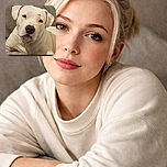 A charming white dog with soulful eyes lies comfortably on a couch, giving a calm and slightly curious look, framed by a neutral background and soft lighting.
