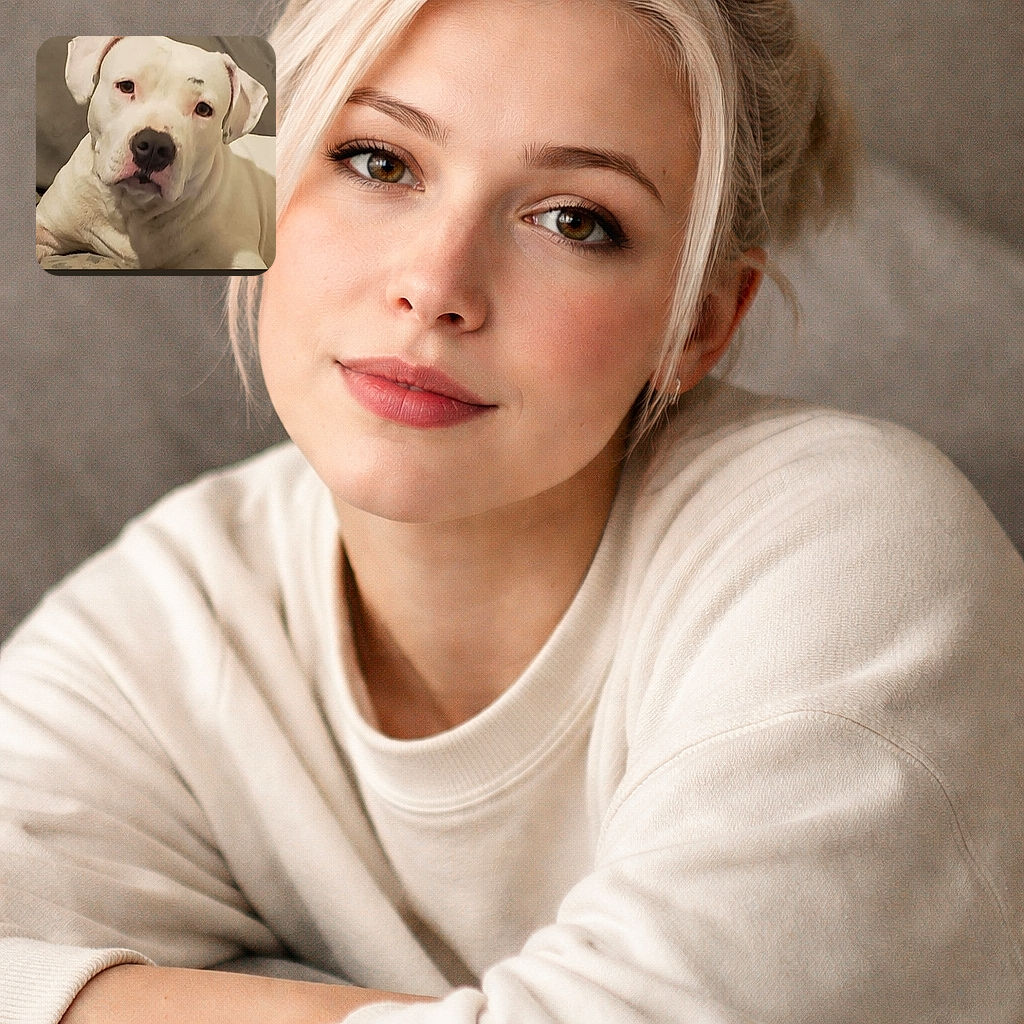 A charming white dog with soulful eyes lies comfortably on a couch, giving a calm and slightly curious look, framed by a neutral background and soft lighting.