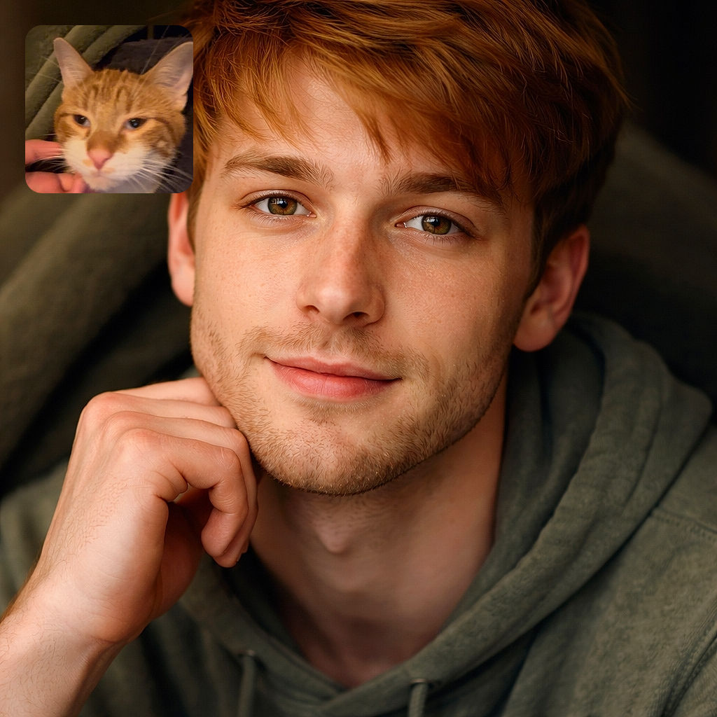 A squishy close-up of an orange tabby demanding chin scratches — slightly blurry from mid-purr, a human hand offering affection, and a cozy blanket backdrop.