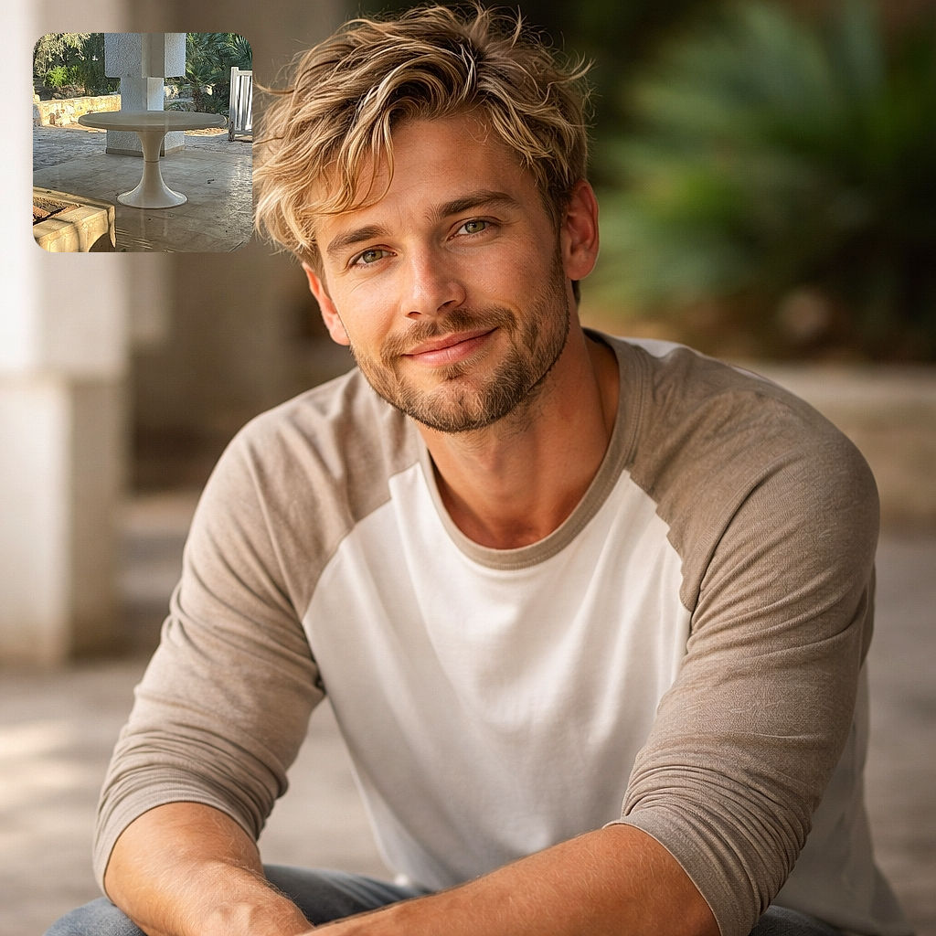 A sunbathing dog lounges on a stone ledge in the warm light, photobombed by a sculptural round table in the foreground and a white gate and palm plants in the background — a sleepy patio scene that feels like a holiday postcard with a canine cameo.