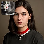 A curious gray and white cat with bright green eyes and a red collar with a bell sits perched on a white textured surface, looking up with an inquisitive expression against a wooden and frosted glass background.