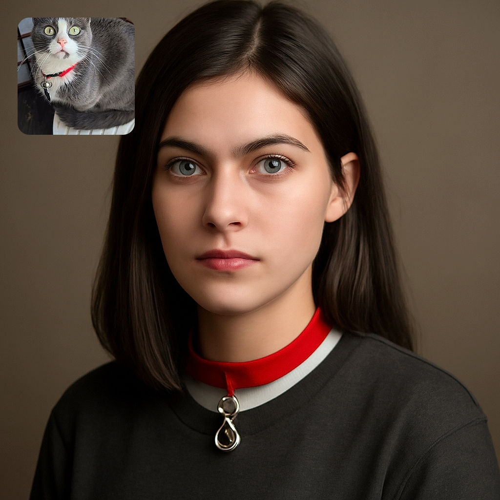 A curious gray and white cat with bright green eyes and a red collar with a bell sits perched on a white textured surface, looking up with an inquisitive expression against a wooden and frosted glass background.