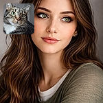 A sharply focused tabby cat fills the frame, its huge green eyes like polished marbles, whiskers fanning out and a white chin creating a tuxedo effect. The neutral indoor background is softly blurred — the cat looks regal, mildly suspicious, and entirely ready to judge your snack choices.