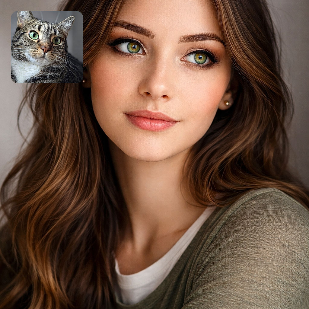 A sharply focused tabby cat fills the frame, its huge green eyes like polished marbles, whiskers fanning out and a white chin creating a tuxedo effect. The neutral indoor background is softly blurred — the cat looks regal, mildly suspicious, and entirely ready to judge your snack choices.