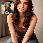 A chocolate lab stares up with a comically oversized nose and soulful eyes, tethered by a neon leash in a sunny driveway — part inquisitive model, part snack negotiator.