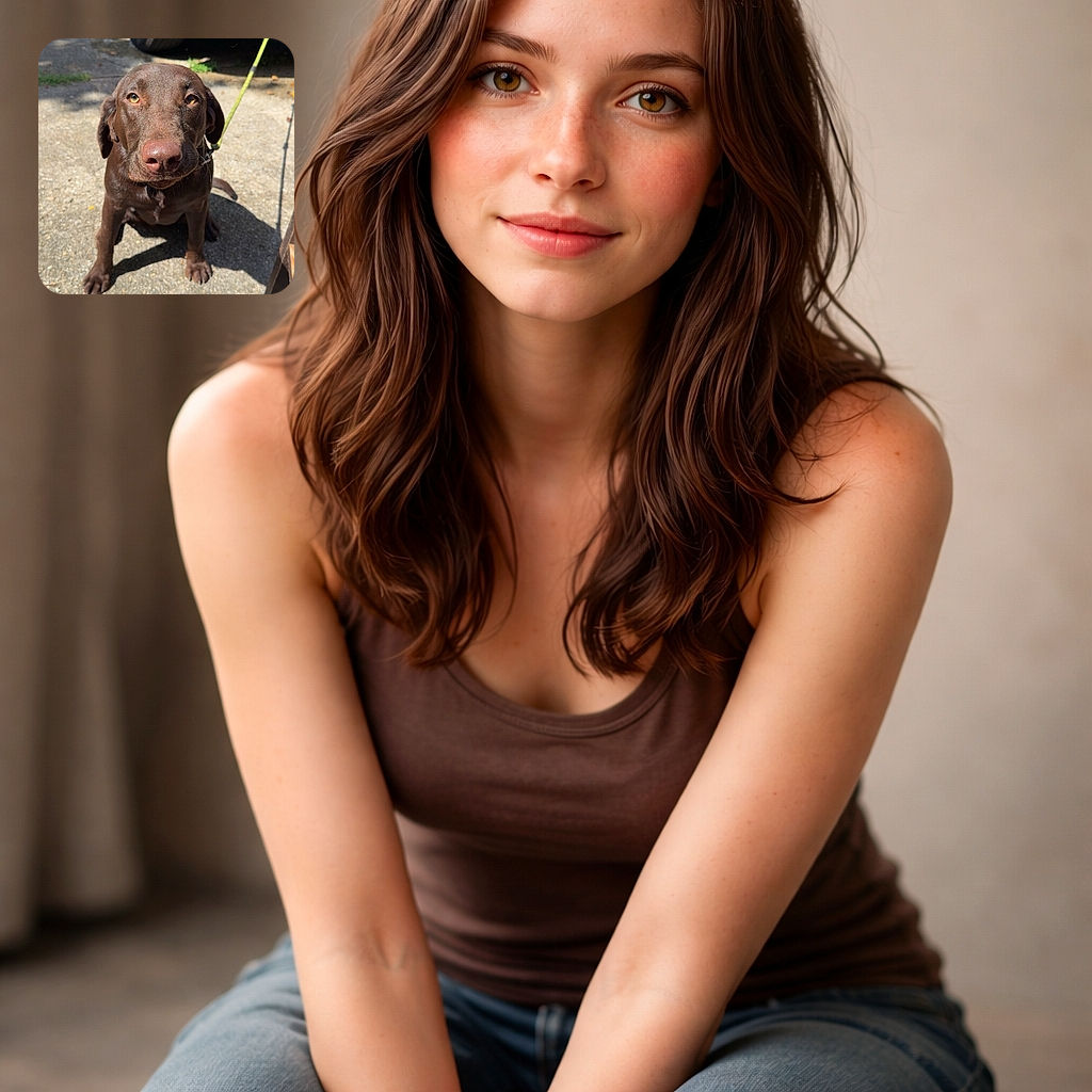 A chocolate lab stares up with a comically oversized nose and soulful eyes, tethered by a neon leash in a sunny driveway — part inquisitive model, part snack negotiator.