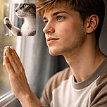 A curious tabby in majestic profile presses a paw to the window, emerald eye locked on the great outdoors — plotting the daring escape of a single dust mote while sunlight gives its whiskers and fur cinematic drama.