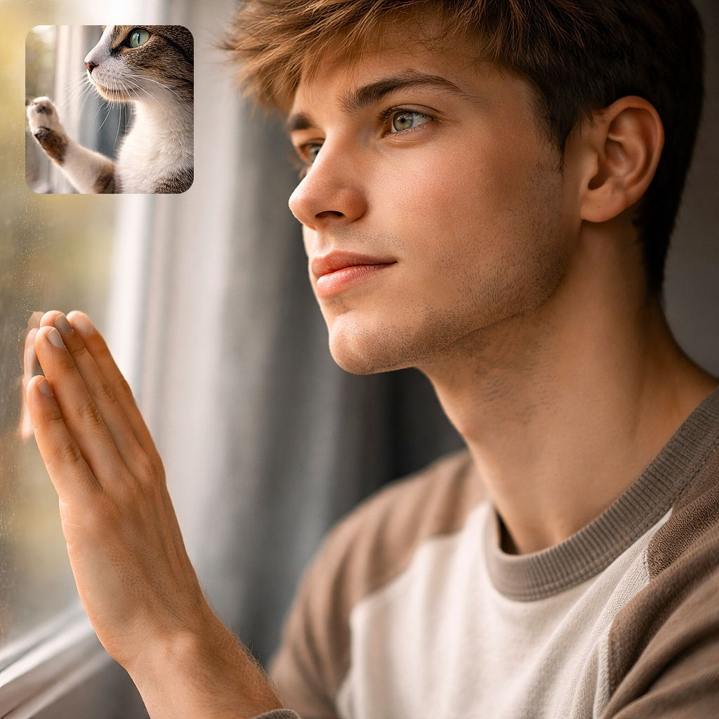 A curious tabby in majestic profile presses a paw to the window, emerald eye locked on the great outdoors — plotting the daring escape of a single dust mote while sunlight gives its whiskers and fur cinematic drama.