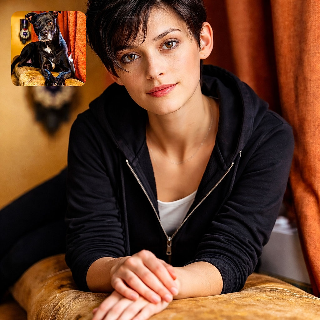 A dignified black dog lounges on a well-worn couch, giving the camera a wise, slightly judgmental stare — like it's silently calculating how many treats you'll admit to stealing. Warm orange curtains and cozy living-room tones frame the scene, highlighting the glossy fur, white chest patch, and expressive brown eyes.