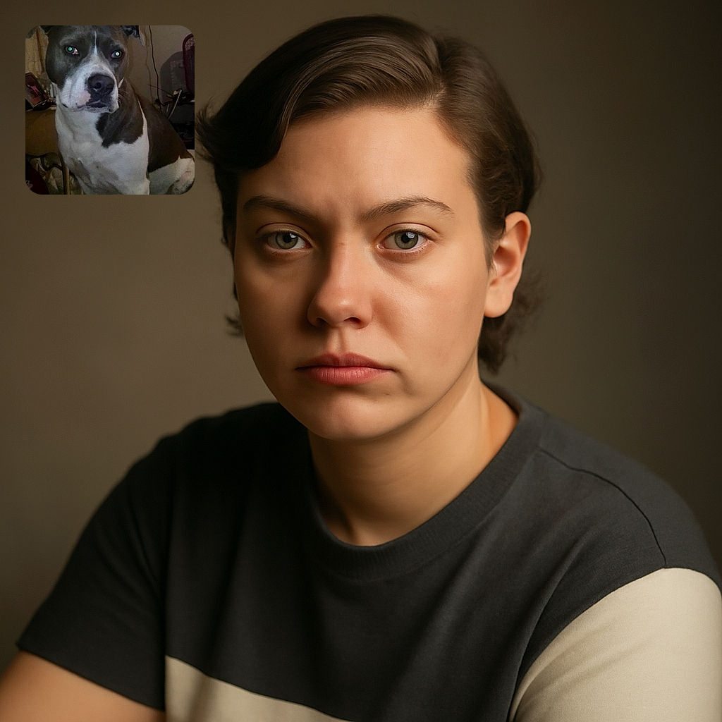 A serious-looking dog with a black and white coat sits indoors, staring off to the side with a thoughtful expression. The background includes household items like a framed picture, curtains, and a fan, giving a cozy but slightly cluttered vibe.