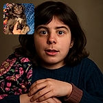 A fluffy dog lies on its back on a cozy blue blanket, with a colorful patterned blanket nearby. A hand is playfully tickling its belly, causing the dog to make a surprised face with wide eyes and a slightly open mouth.