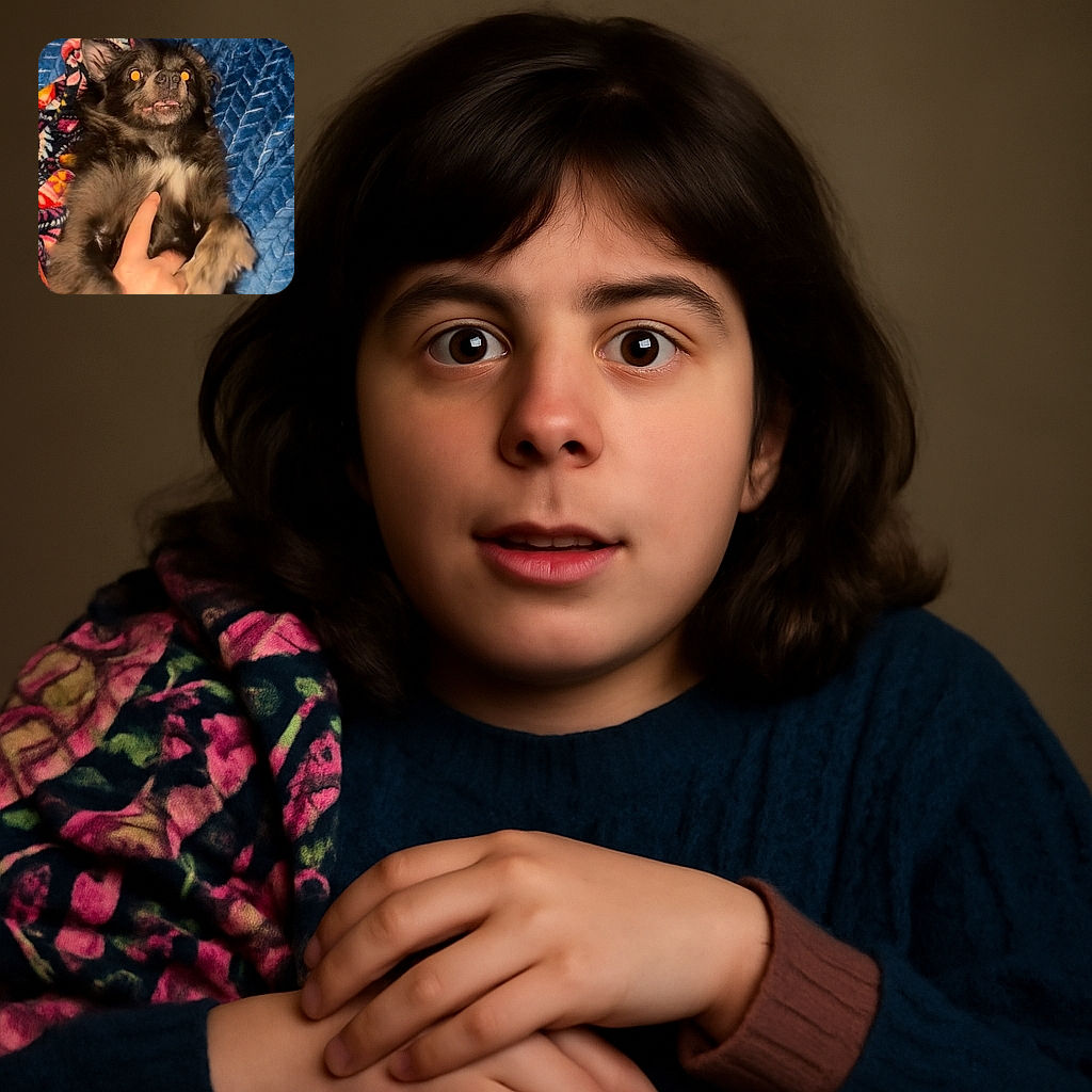 A fluffy dog lies on its back on a cozy blue blanket, with a colorful patterned blanket nearby. A hand is playfully tickling its belly, causing the dog to make a surprised face with wide eyes and a slightly open mouth.