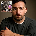 A close-up photo of a lovable gray and white pitbull dog being hugged by a person with a tattooed arm, set against a cozy indoor background with potted plants and a white brick wall. The dog looks calm and slightly curious, while the person's hands gently cradle the dog.