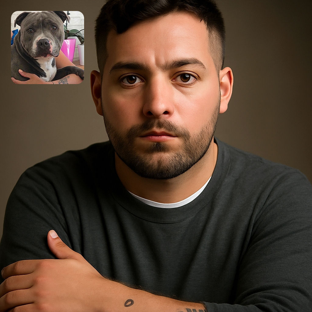 A close-up photo of a lovable gray and white pitbull dog being hugged by a person with a tattooed arm, set against a cozy indoor background with potted plants and a white brick wall. The dog looks calm and slightly curious, while the person's hands gently cradle the dog.
