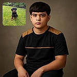 A charming Rottweiler puppy sits attentively on a lush green lawn, surrounded by a garden bed with various plants and flowers. The puppy's soulful eyes and soft fur make it look irresistibly cute and ready for a playdate.