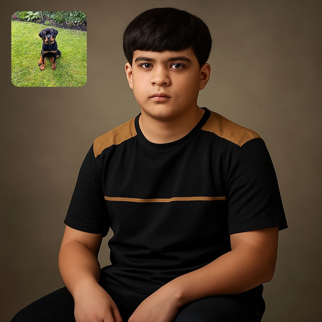 A charming Rottweiler puppy sits attentively on a lush green lawn, surrounded by a garden bed with various plants and flowers. The puppy's soulful eyes and soft fur make it look irresistibly cute and ready for a playdate.