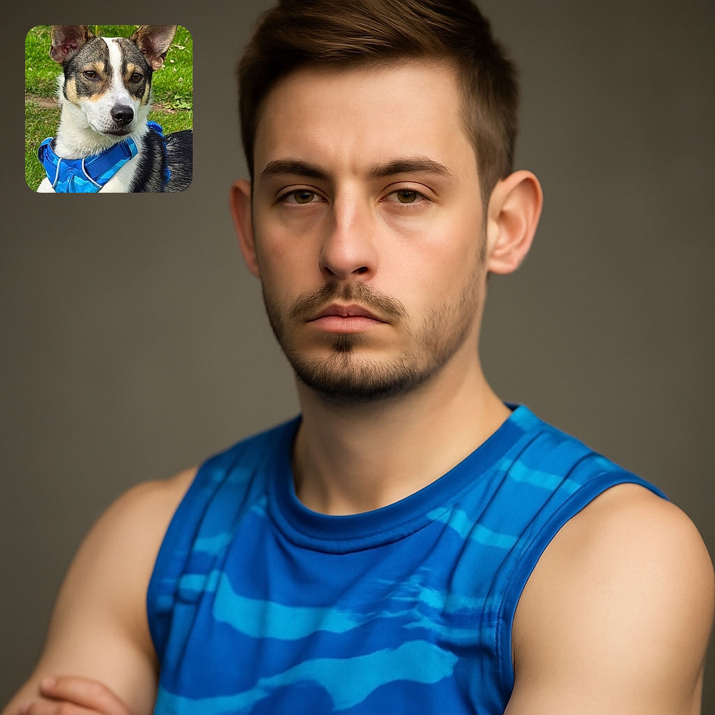 A dignified dog sporting a vibrant blue harness lounges on a lush green lawn, ears perked up like it's ready to hear the next squirrel secret. The close-up captures every detail of its fur and soulful eyes, making it look like the king of the backyard.