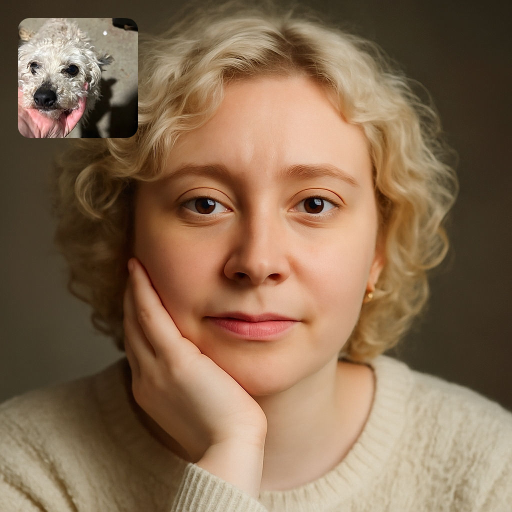 A close-up shot of a scruffy white dog being gently held by a hand under its chin, with the dog's soulful eyes looking up. The background is blurry and nondescript, focusing all attention on the dog's adorable, slightly messy face.