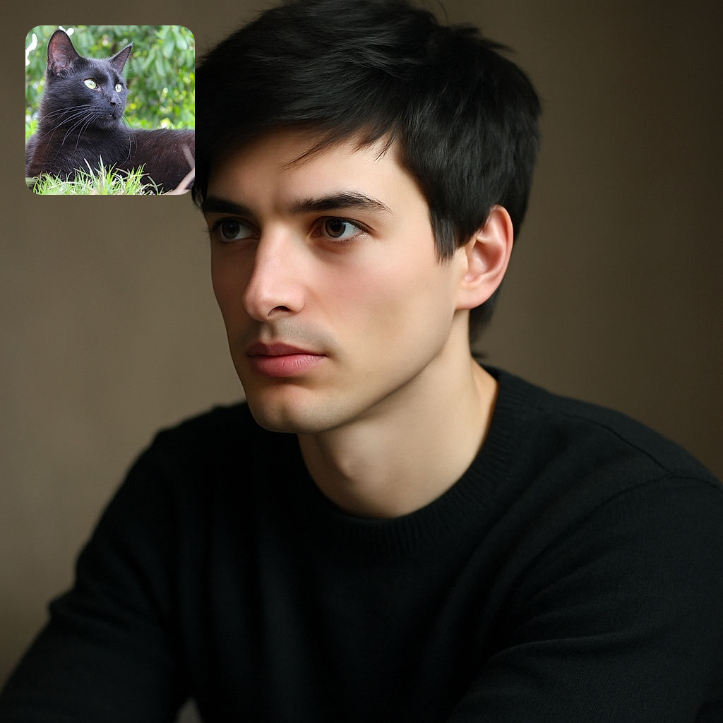 A sleek black cat lounges gracefully on the grass, eyes gleaming with curiosity as it gazes off into the distance, surrounded by a lush green leafy background that softly blurs, making the cat the undeniable star of this serene outdoor portrait.