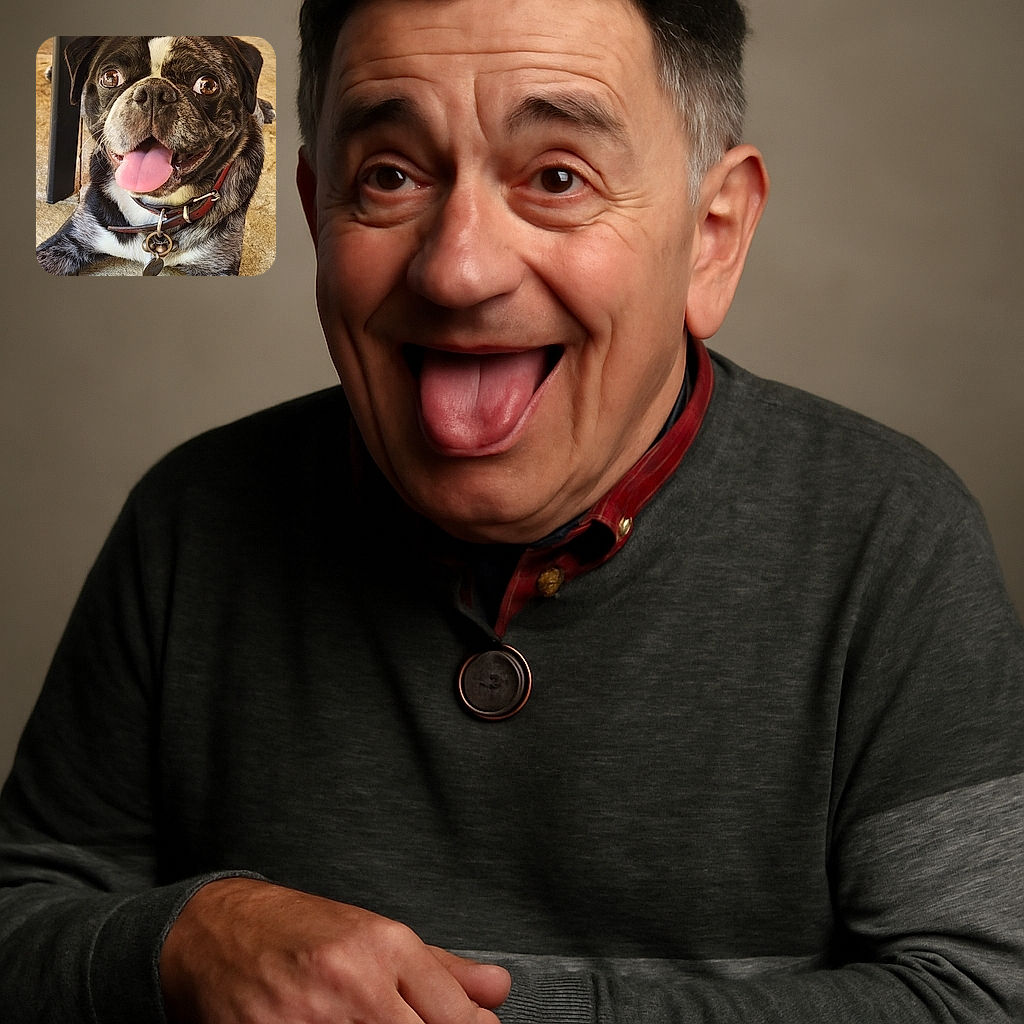 A happy pug with a brindle coat lies on a stone floor, tongue out and eyes sparkling with excitement, wearing a red collar with tags, looking like the ultimate good boy ready for some belly rubs.