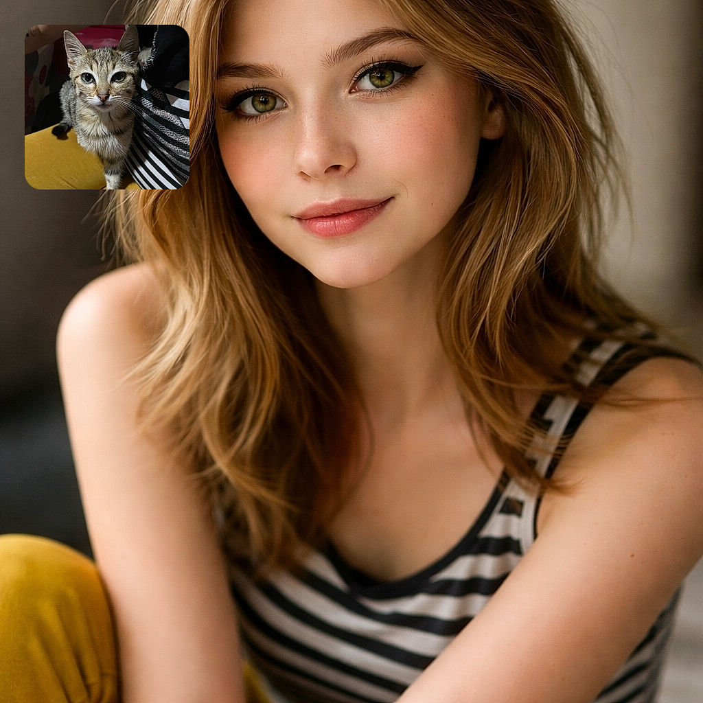 A curious tabby kitten stares straight into the camera with serious whiskers and royal confidence, wedged between a tattooed arm and a striped-shirted human on a mustard cushion — tiny, fluffy monarch surveying its kingdom.