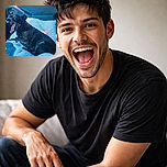 A small black dog is caught mid-yawn or bark on a cozy fluffy bed inside a car, showing off its sharp teeth and tongue with a dramatic, almost comical expression. The interior of the car is softly lit with a cool blue and purple hue, adding an artistic vibe to this candid pet moment.