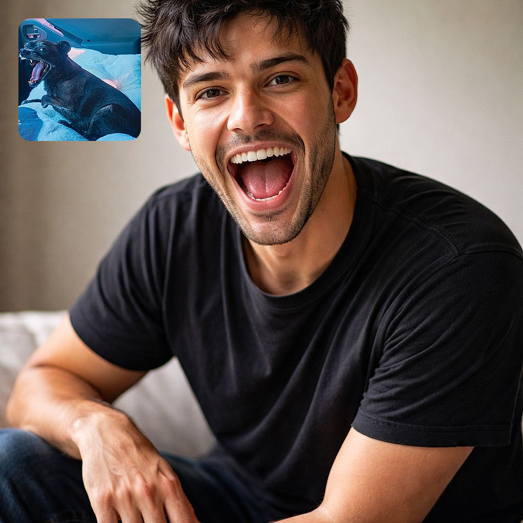 A small black dog is caught mid-yawn or bark on a cozy fluffy bed inside a car, showing off its sharp teeth and tongue with a dramatic, almost comical expression. The interior of the car is softly lit with a cool blue and purple hue, adding an artistic vibe to this candid pet moment.