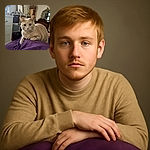 A charming beige cat with wide, curious eyes lounges comfortably on a rich purple blanket, surrounded by a cozy room filled with vintage furniture, sunflowers in a vase, and reflective mirrors that add depth to the warm, inviting scene.