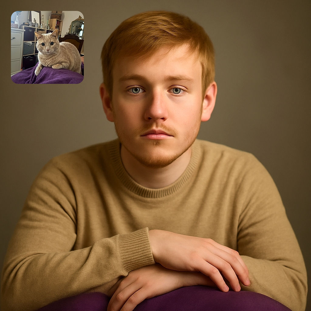 A charming beige cat with wide, curious eyes lounges comfortably on a rich purple blanket, surrounded by a cozy room filled with vintage furniture, sunflowers in a vase, and reflective mirrors that add depth to the warm, inviting scene.