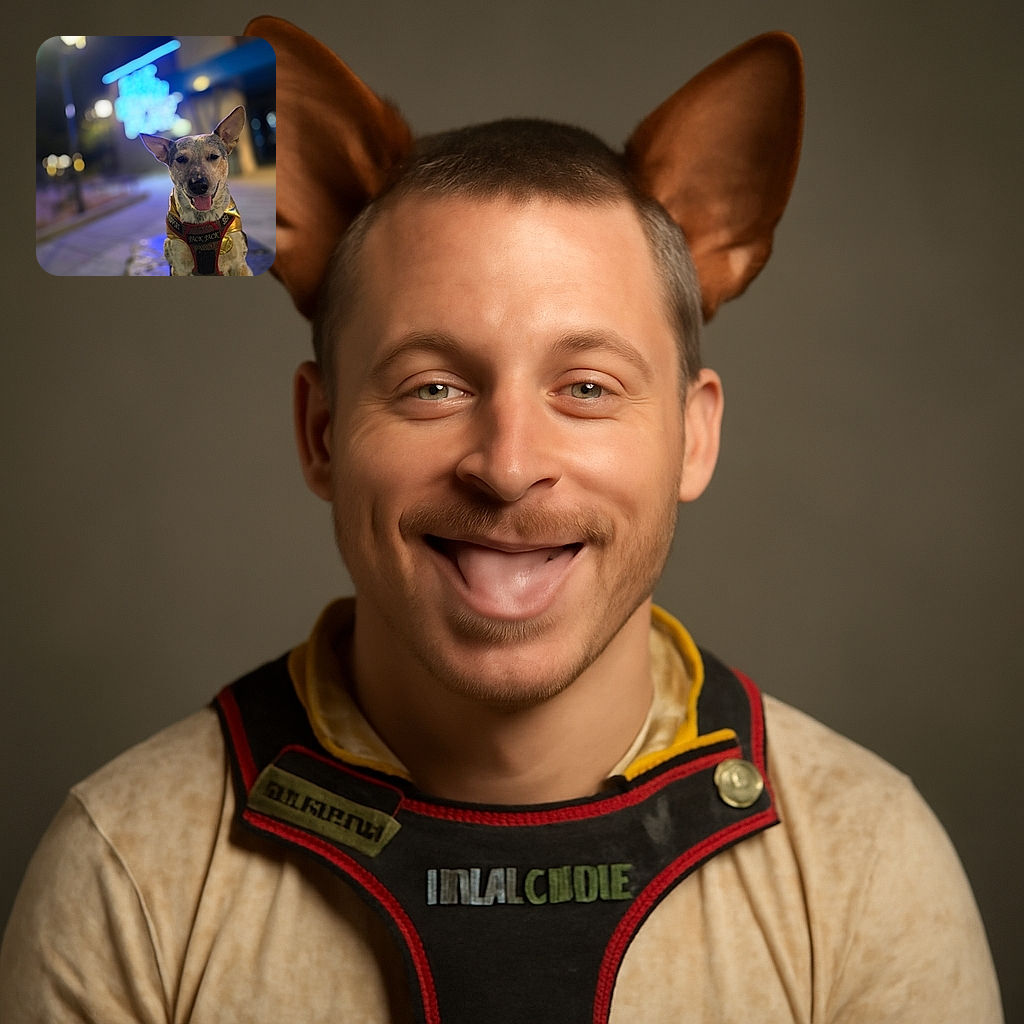 A happy dog wearing a shiny golden harness labeled 'JACK JACK' poses proudly on a stone ledge at night, with colorful blurred city lights creating a dreamy urban backdrop.