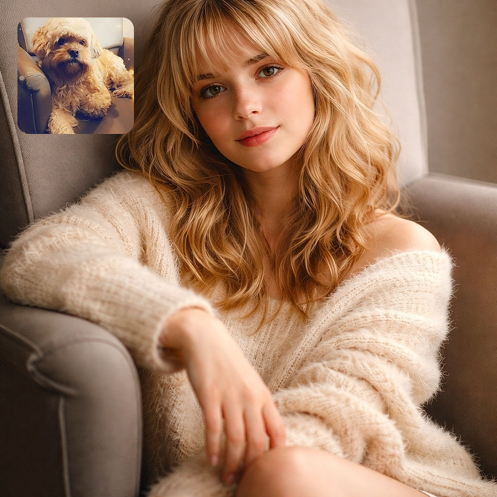 A fluffy caramel-colored dog lounges like it owns the chair, giving a sleepy, mildly judgmental stare through a dreamy bokeh filter — clearly waiting for snacks or a raise.