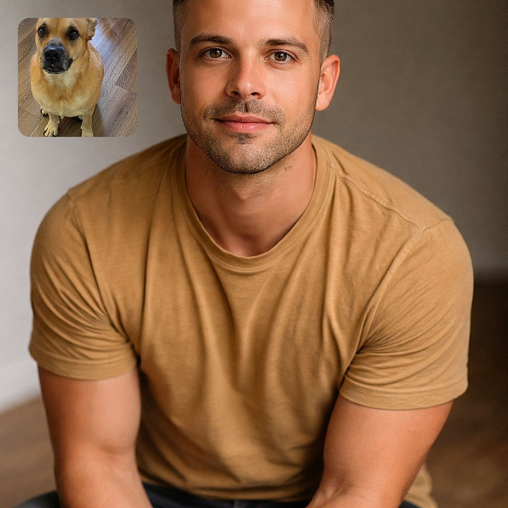 A chunky, lovable dog sits on a wooden floor giving you the ultimate 'please treat me' stare — slightly underbite, big soulful eyes, and paws neatly tucked like a polite pupper at dinner time.