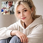 A cheerful selfie featuring a man holding a white puppy with large ears. The man smiles gently while the puppy looks calmly at the camera. The background shows a room with shelves and some colorful posters, giving a cozy indoor vibe.