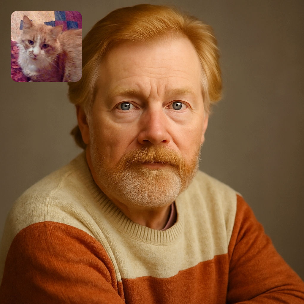A blurry photo of an orange and white cat sitting on a multicolored patterned surface, looking slightly sleepy or relaxed with soft lighting and muted colors.