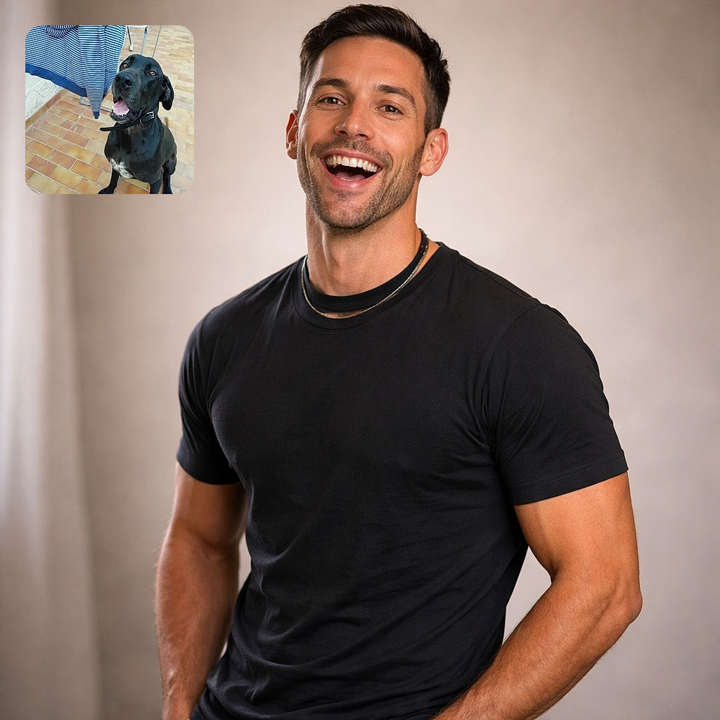 A goofy, happy black dog sits on a tiled patio with its mouth open like it's mid-conversation — a striped towel and drying rack make a domestic backdrop while the dog models a slightly askew collar and proud white chest patch.