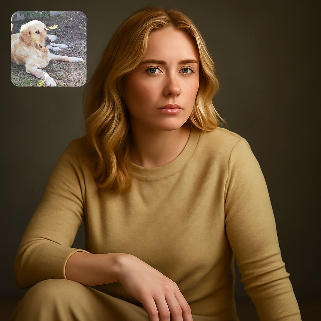 A golden retriever is lounging on a patchy grassy yard next to some leafy plants and dry bushes, looking calm and slightly pensive. A playful light blue text overlay in French says 'laissez moi tranquille' with an arrow pointing to the dog, adding a humorous touch as if the dog is asking for some peace and quiet.