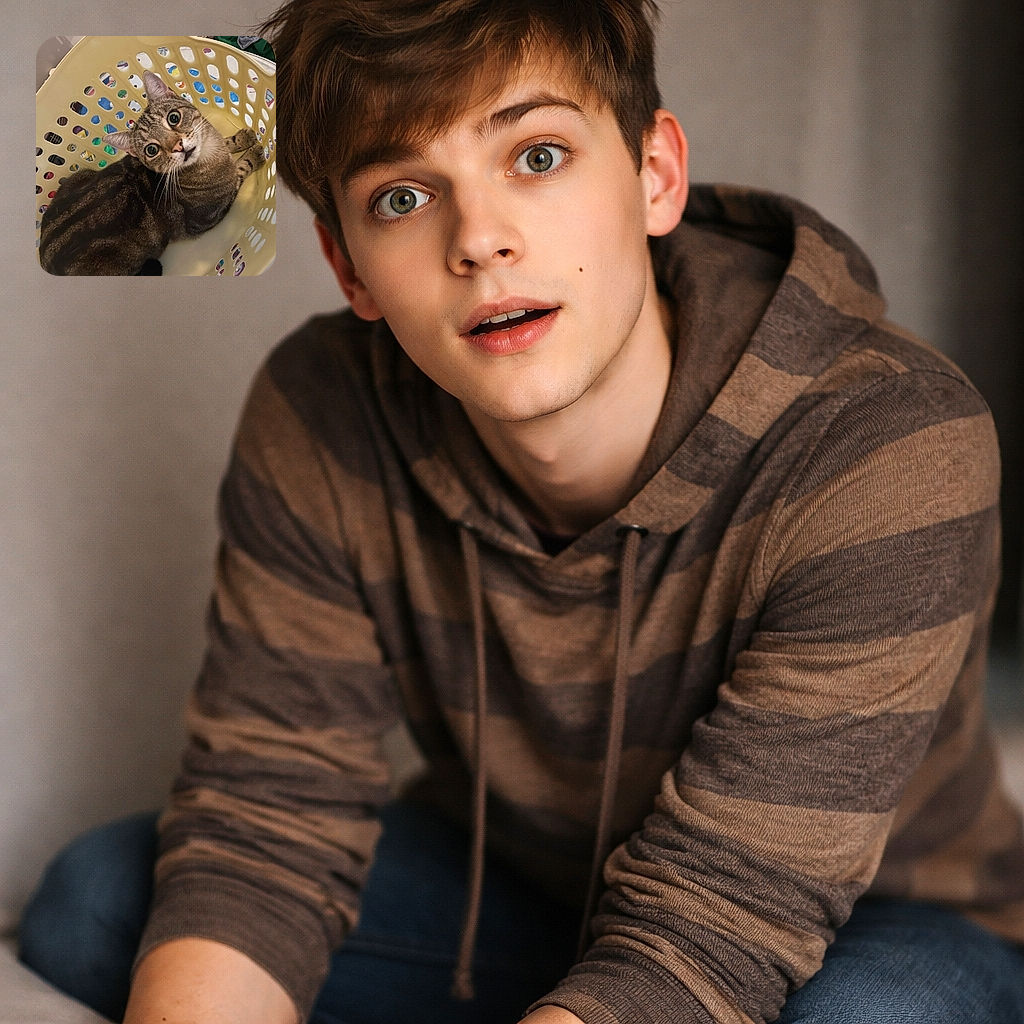 A curious tabby cat with big round eyes lounges inside a yellow laundry basket, looking up with an expression that says, 'Why am I in here?'. The basket's holes reveal colorful objects underneath, adding a playful pop to the cozy scene.