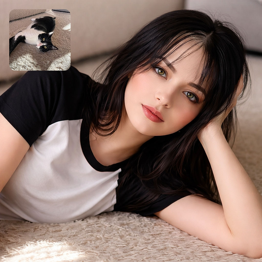 A black and white cat lounges comfortably on a fluffy beige carpet, basking in the warm sunlight streaming through a nearby window. The cat's curious yellow eyes are wide open, and its relaxed posture suggests it is enjoying a peaceful moment indoors.