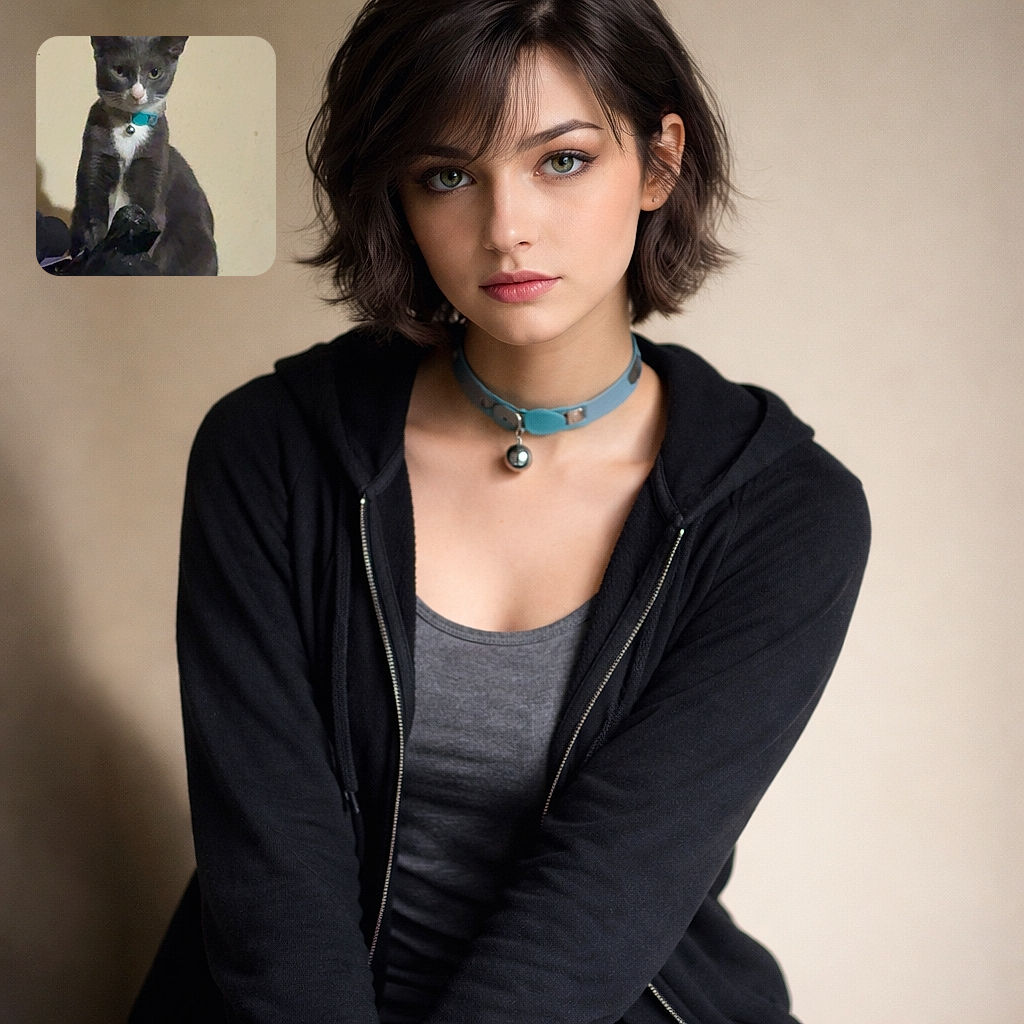 A stern gray-and-white cat with a turquoise collar and bell sits regally against a plain beige wall, glaring like a tiny, judgmental monarch while a crumpled black plastic bag lies at its paws — dramatic indoor portrait with a touch of domestic chaos.