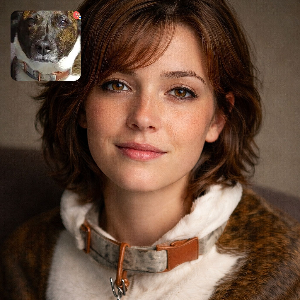 A dignified brindle dog stares into the camera like it's posing for its LinkedIn headshot while a human hand hovers above like a coronation—screenshot UI icons peek at the edges, proving this is a phone photo of a very serious pup.