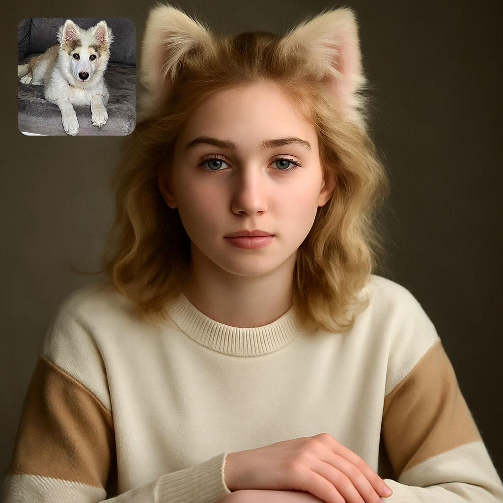 A fluffy dog with striking eyes lounges comfortably on a gray couch, looking straight at the camera with an expression that says 'I'm ready for my close-up.' The cozy living room setting includes a marble-topped table in the foreground, adding a touch of elegance to this casual snapshot.