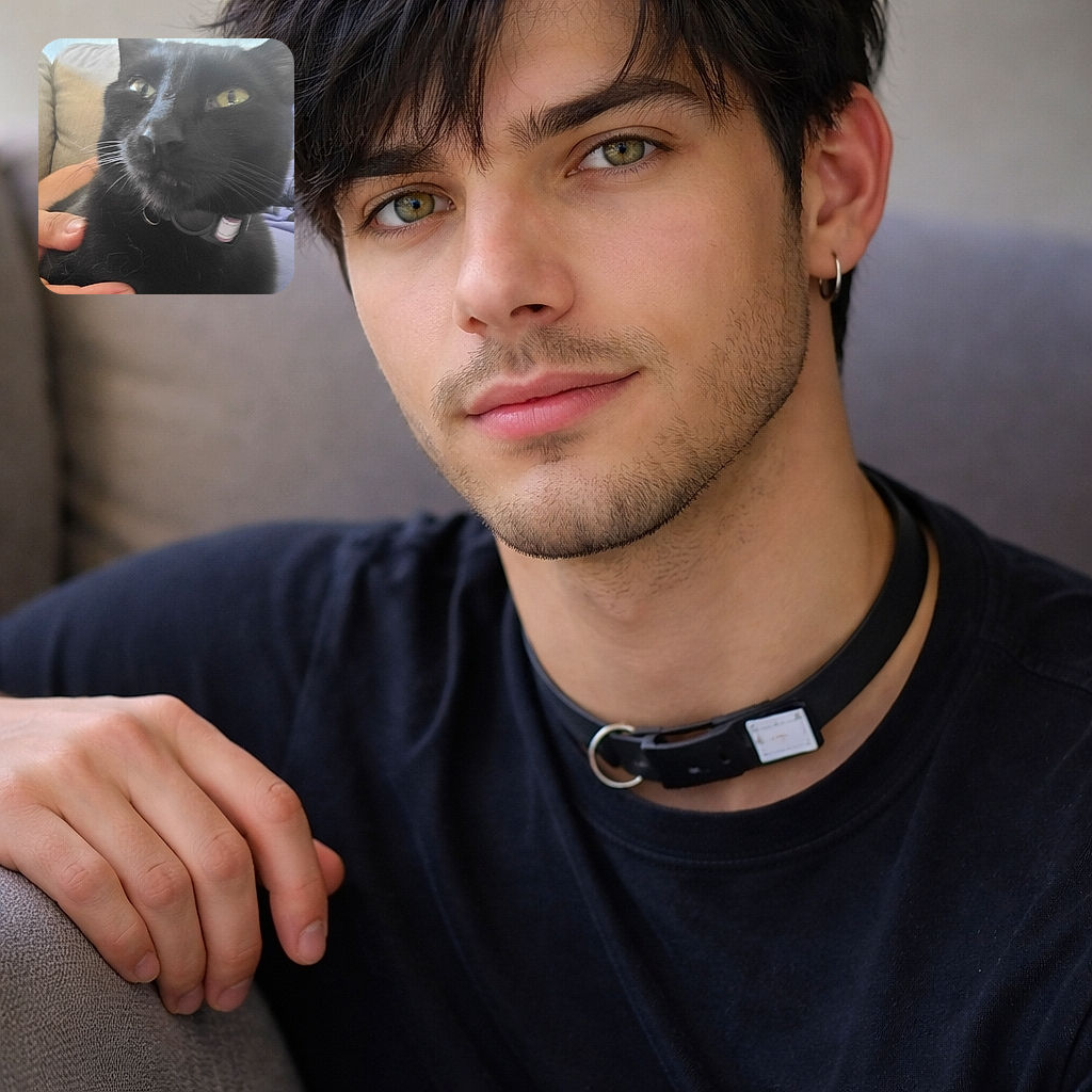 A close-up photo of a black cat with yellow eyes, wearing a collar, being gently held by a person's hand. The background shows a beige couch and a light blue wall, with soft lighting creating a cozy atmosphere.
